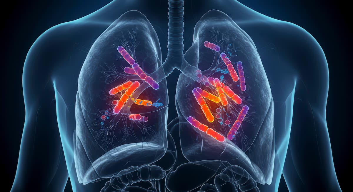 3D Medical Illustration of Pneumococcal Pneumonia Showing Streptococcus Pneumoniae Bacteria in Human Lungs
