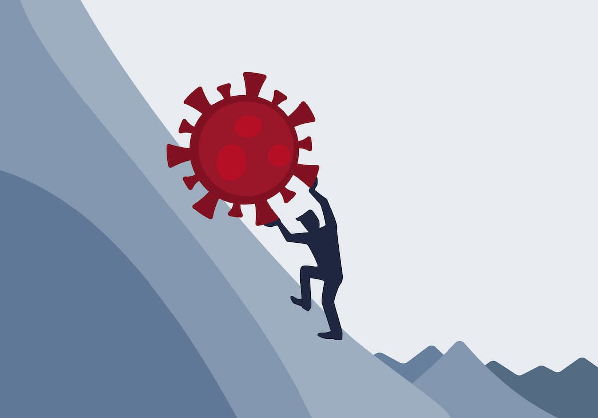 Long Covid patient with post viral fatigue syndrome pushing a metaphoric Coronavirus up a mountain in Sisyphus concept vector