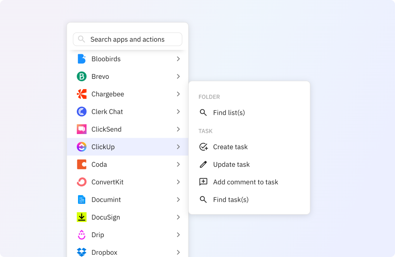Preview of Use any of these ClickUp actions in your Relay.app workflows