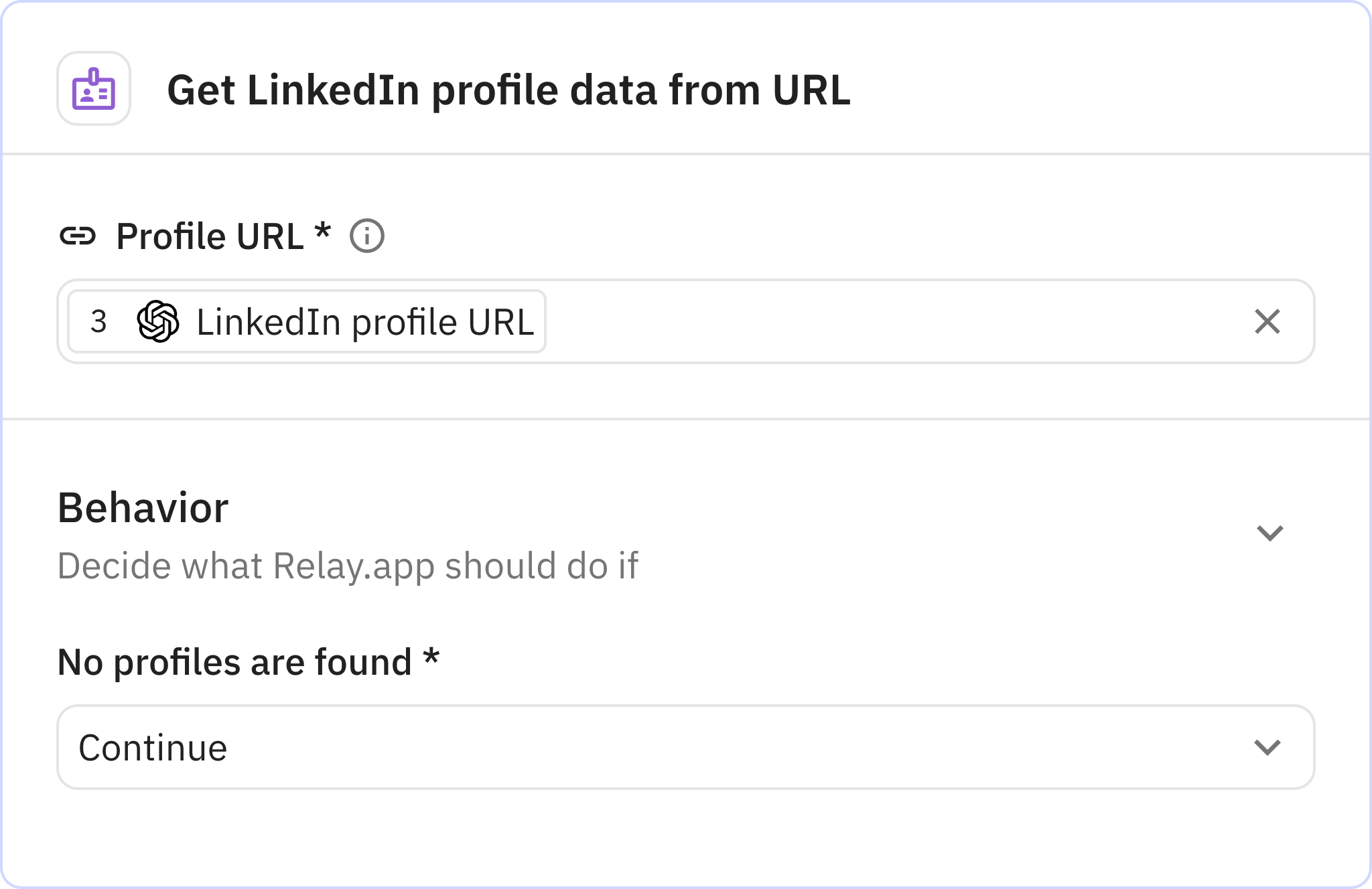 Relay.app screenshot of: Get LinkedIn profile data from URL