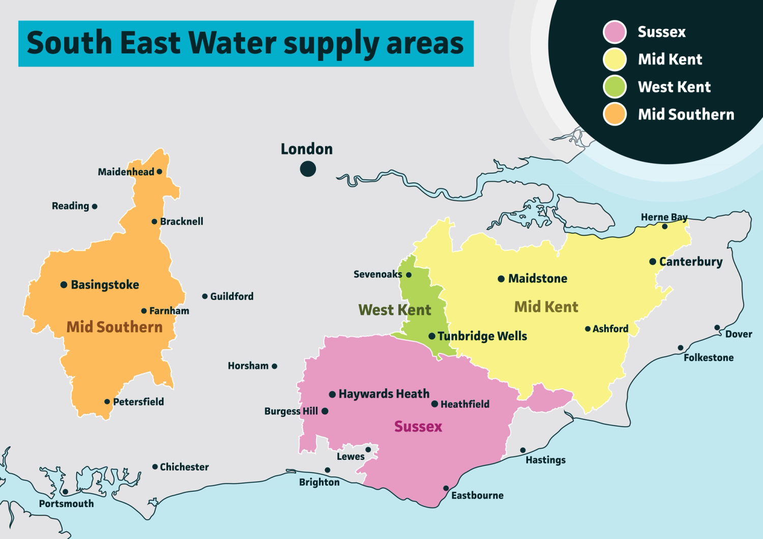 Graphic map of the south east of England, highlighting the South East Water supply area in orange, pink, green and yellow 