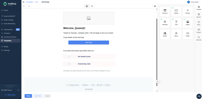 Mailtrap email builder.