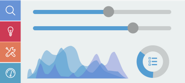 Dashboard interface showing data sliders, area chart, and pie chart for analytics overview