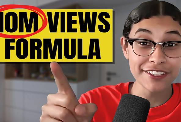 Person pointing at text reading "10M Views Formula" in a bright yellow and black graphic.