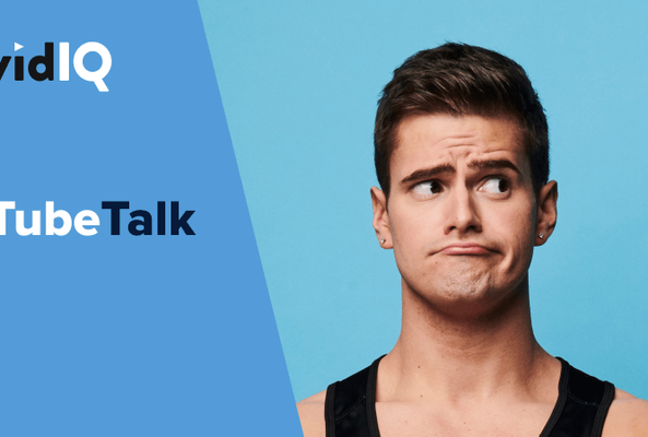 vidIQ TubeTalk branding with confused young man on blue background for video content.