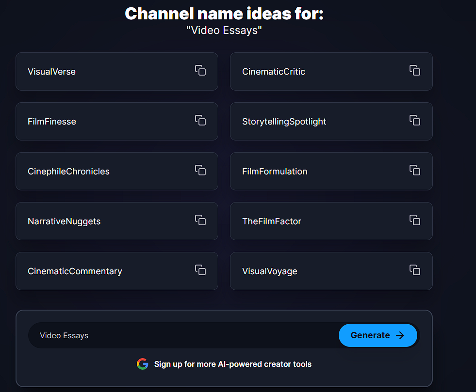 AI-generated YouTube channel name suggestions for content creators