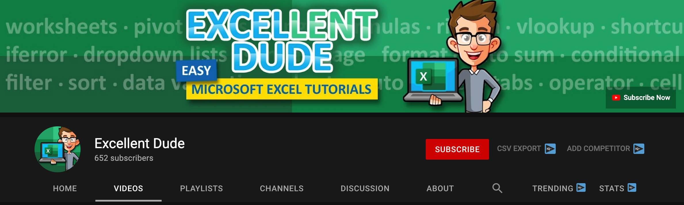 Excellent Dude YouTube channel showing niche-specific naming strategy for Excel tutorials