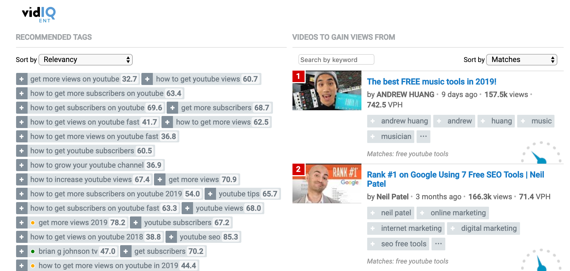 vidIQs Keyword Research Tool in Chrome