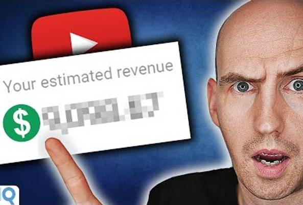 Man pointing at blurred YouTube estimated revenue with surprised expression and logo