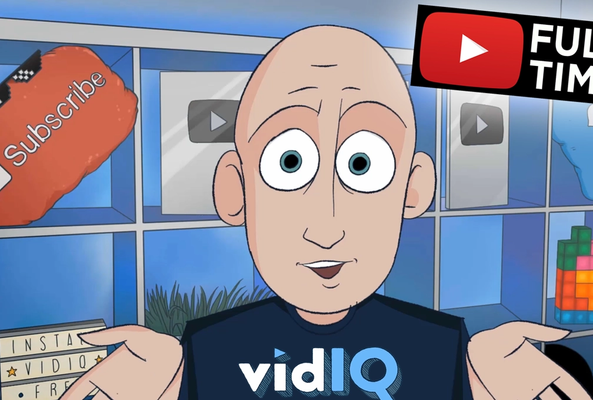 Animated YouTube creator promoting subscribing and liking videos with vidIQ branding.