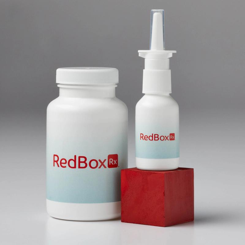 RedBox Rx Allergy Med Bottle and Nasal Spray on Red Box