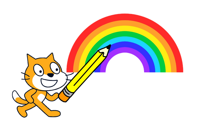 Gato de Scratch sujetando un lápiz sobre un arcoiris