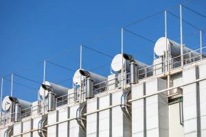 Ventilation pipes on the facade of computer data center