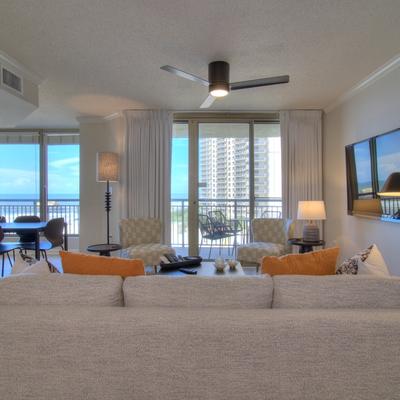 Living room with a view in a Myrtle Beach vacation rental.