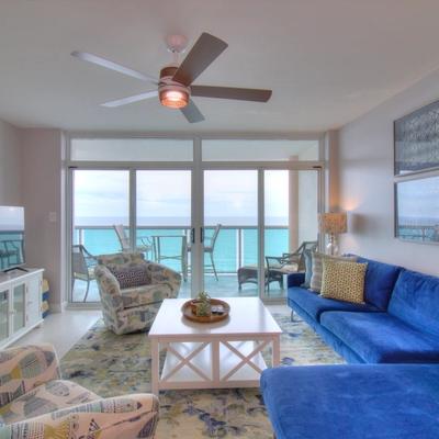 Living room with views of the ocean from a Myrtle Beach vacation rental.
