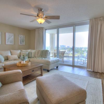 Spacious living room with views of the Intracoastal Waterway in a Myrtle Beach vacation rental.