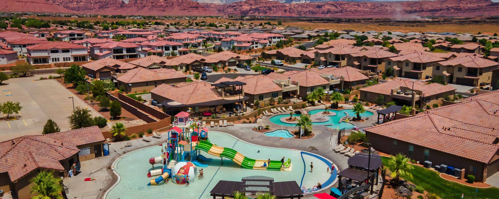Aerial view of water slide and vacation rentals in St. George Utah