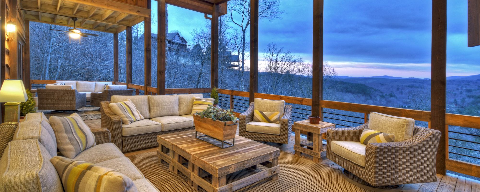 Dusk views from outdoor living space at Blue Ridge vacation rental