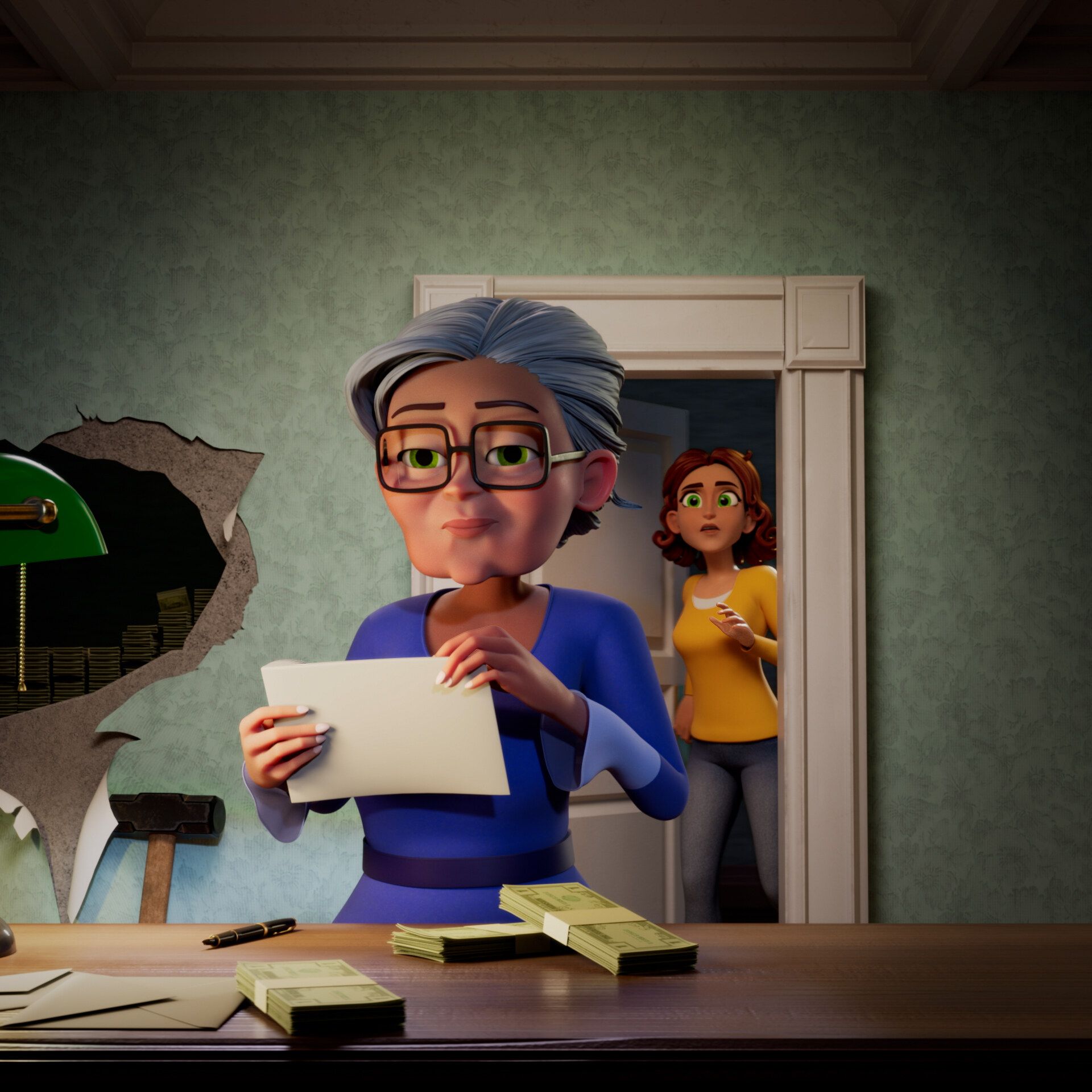 Grandma, while folding money into envelopes, is caught by Maddie