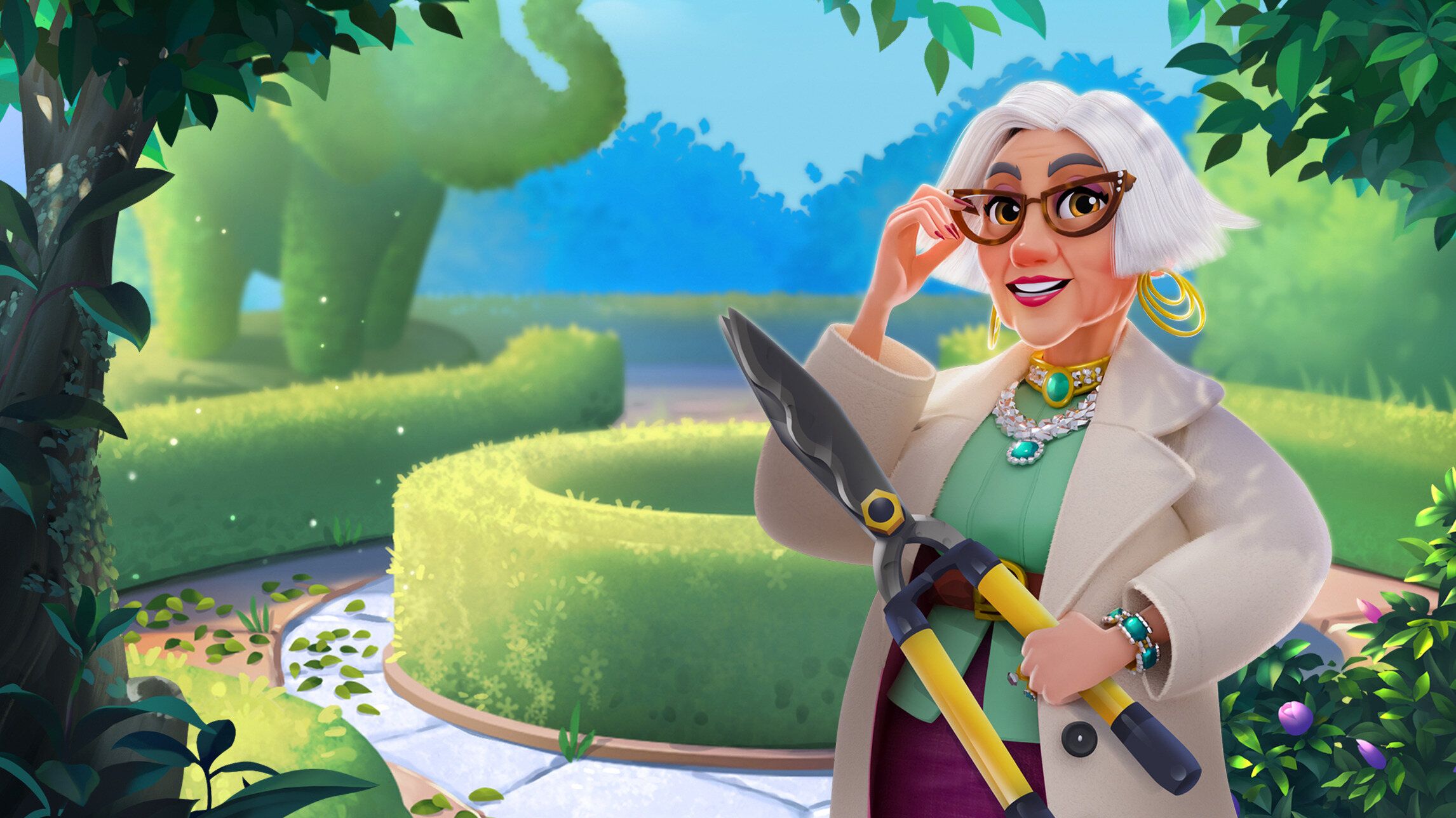 Deb from Merge Mansion holding topiary scissors