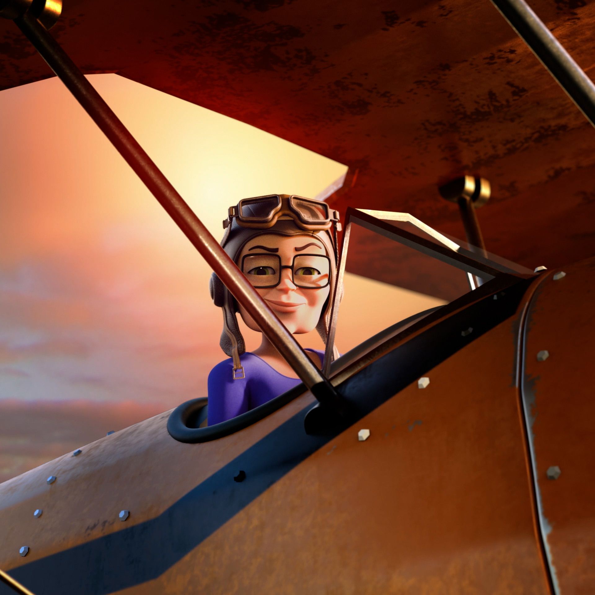 Grandma wearing googles and helmet while sitting in the pilots seat of a biplane