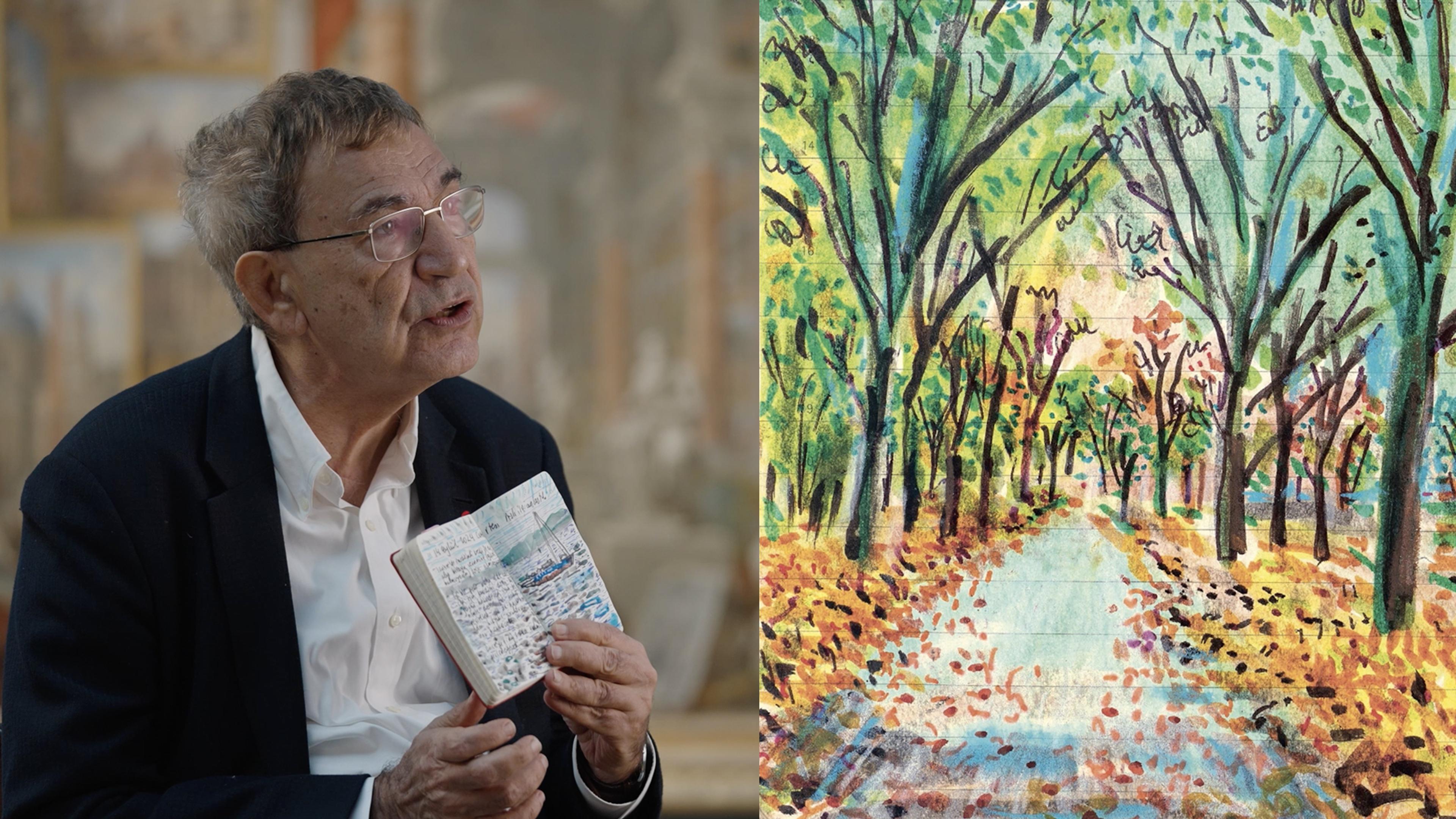 At left, Orhan Pamuk displays pages from his journal, and at right is a painting of a leafy park pathway from his journal