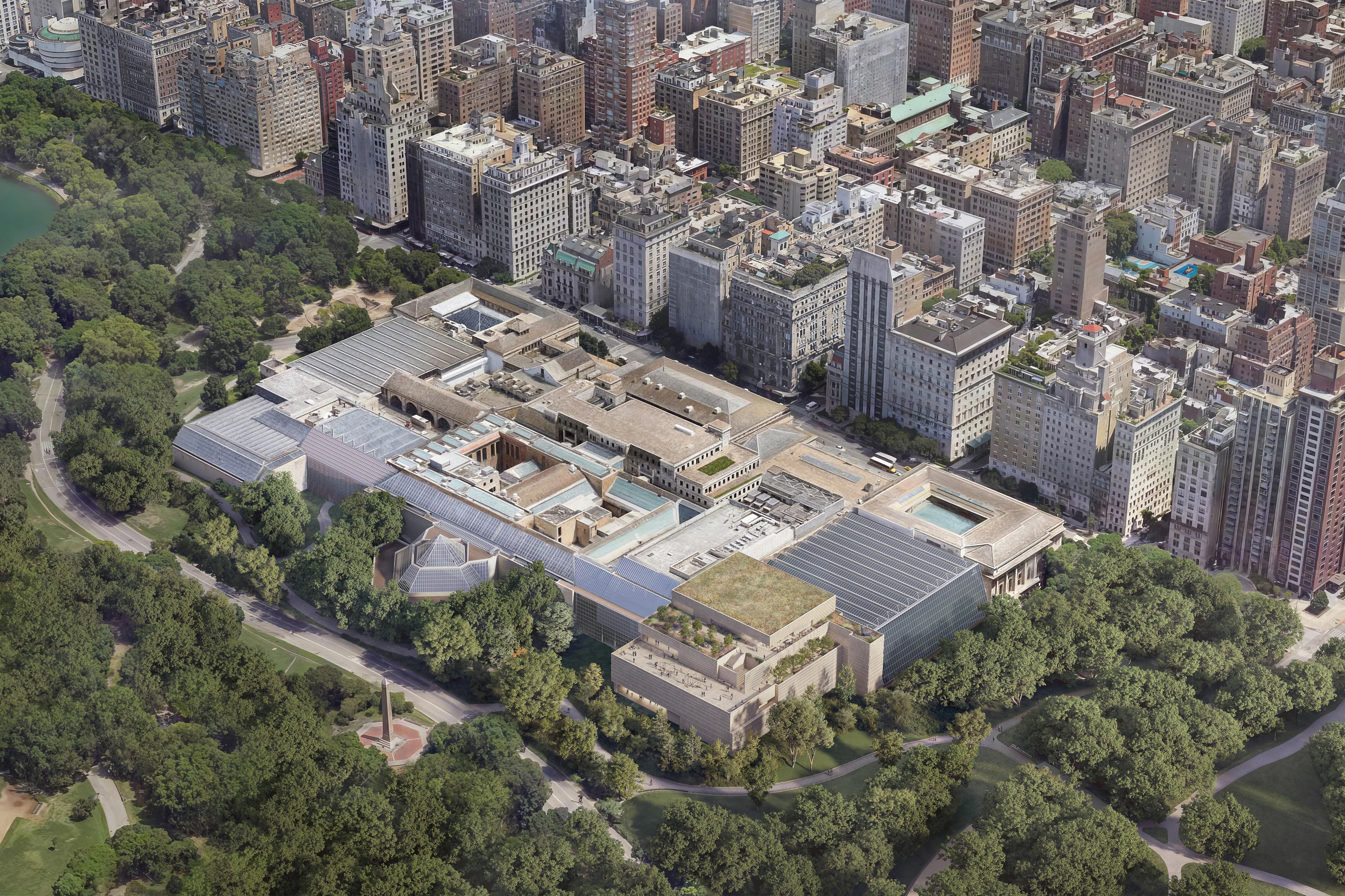 Aerial view of The Met amidst its Central Park and 5th Ave environs, with a rendering showing the addition of the Tang Wing in the southwest corner of the building.