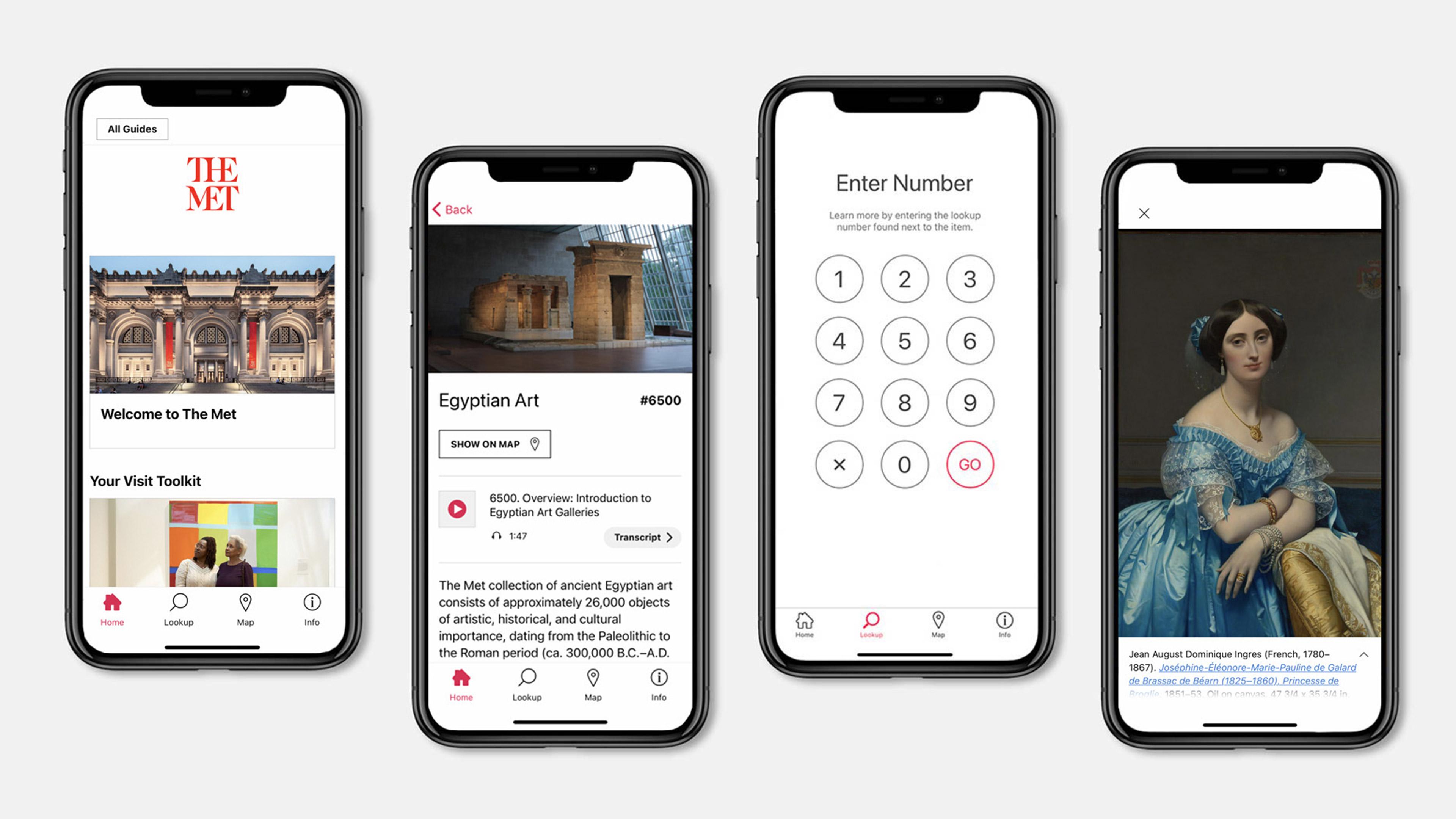 A set of four iPhones with screens showing different aspects of The Met Fifth Avenue digital guide on the Bloomberg Connects app.