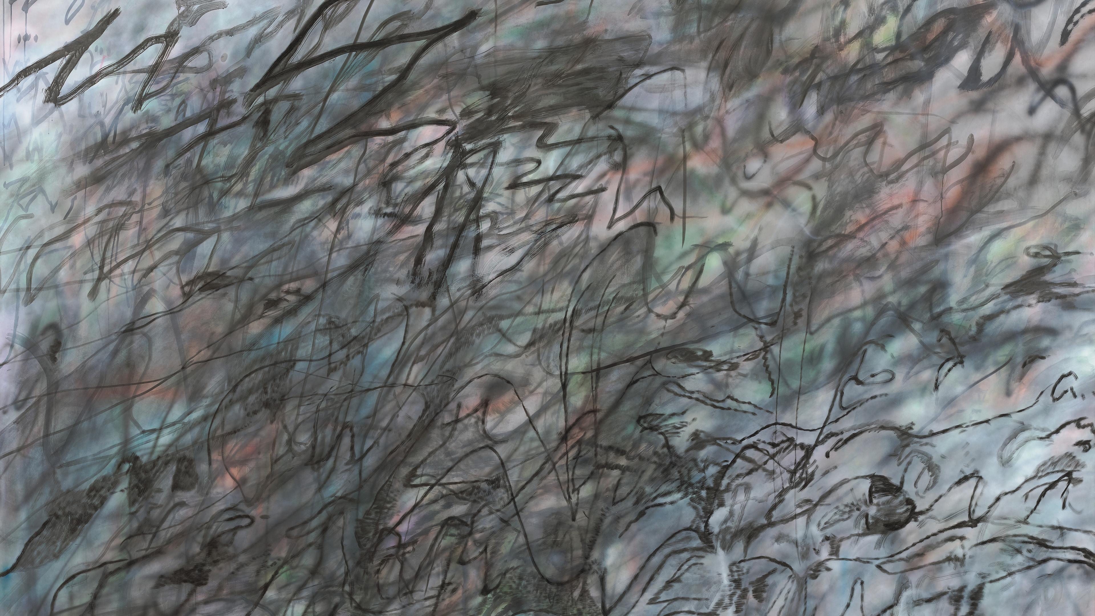 Blue, pink green inc scattered, with black inc scribbled across in different forms and patterns