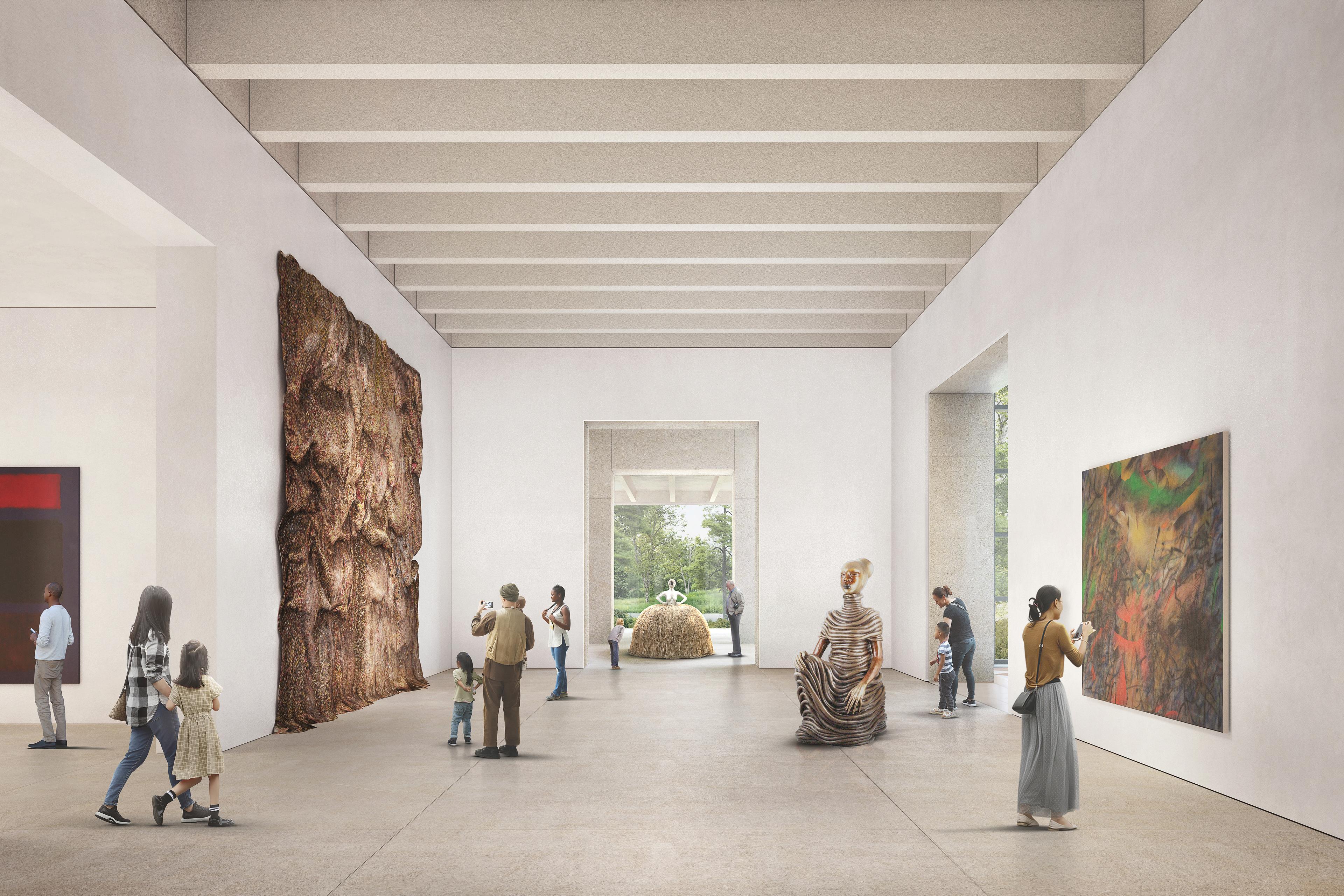 Interior gallery rendering of the new Tang Wing. Bold, textured artworks and sculptures fill a high-ceilinged, light-filled gallery space with a beige tiled floor and white walls.