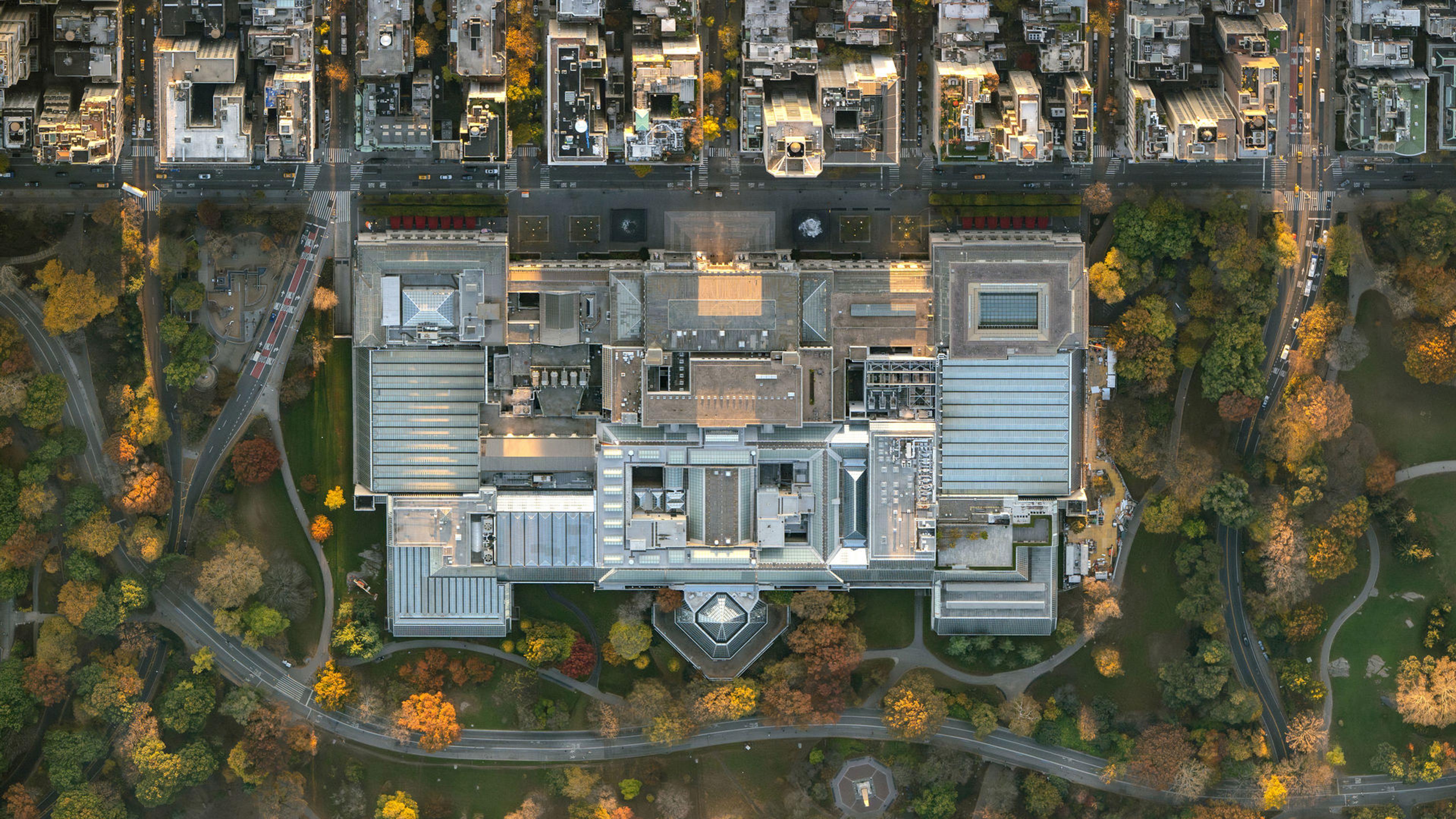 Aerial view of The Metropolitan Museum of Art in 2023, with Fifth Avenue at top and the existing modern and contemporary wing, which will be transformed, at bottom right.