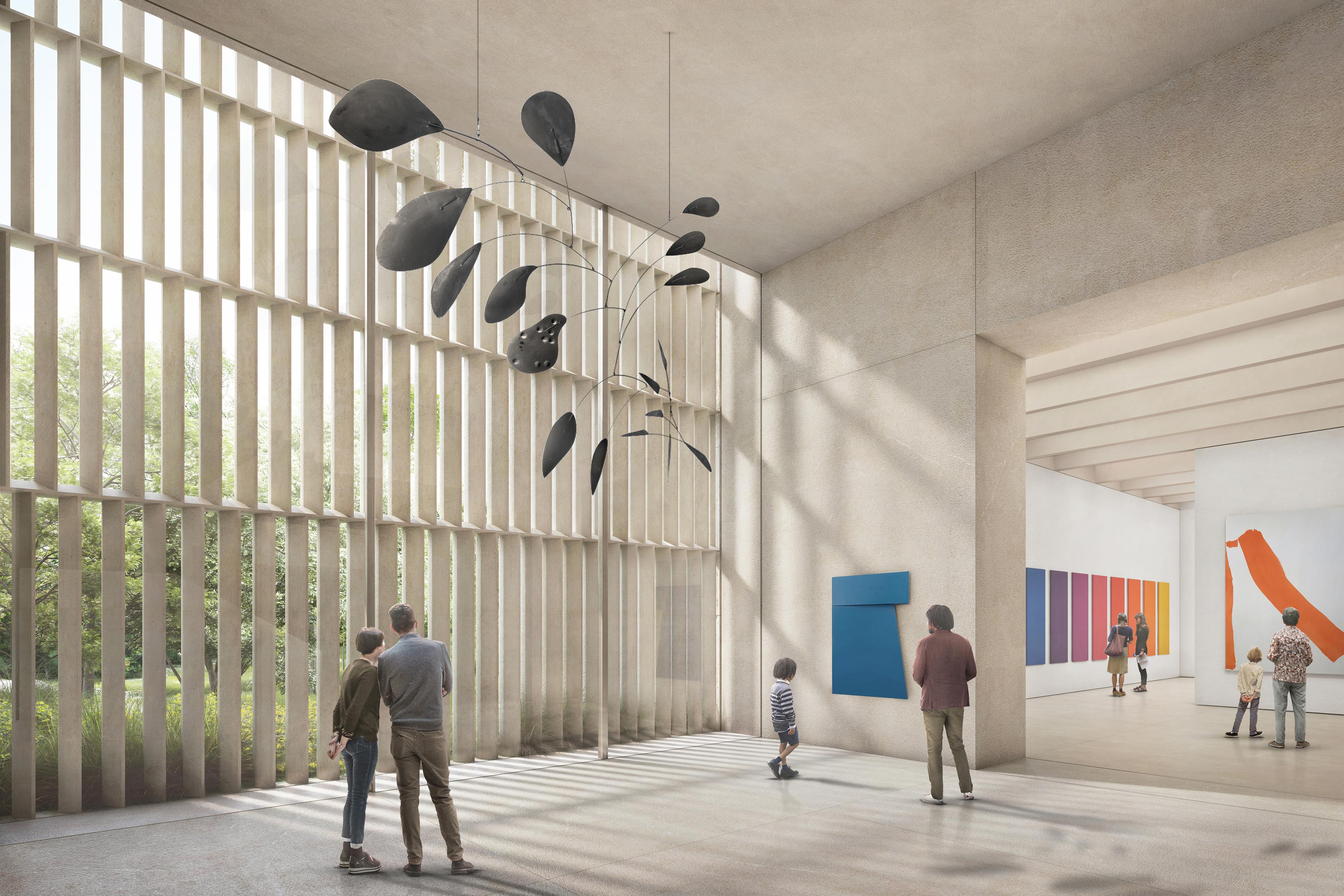 Interior rendering of The Met's new Tang Wing, showing a airy space with artwork on display and greenery peeking through a window at left.