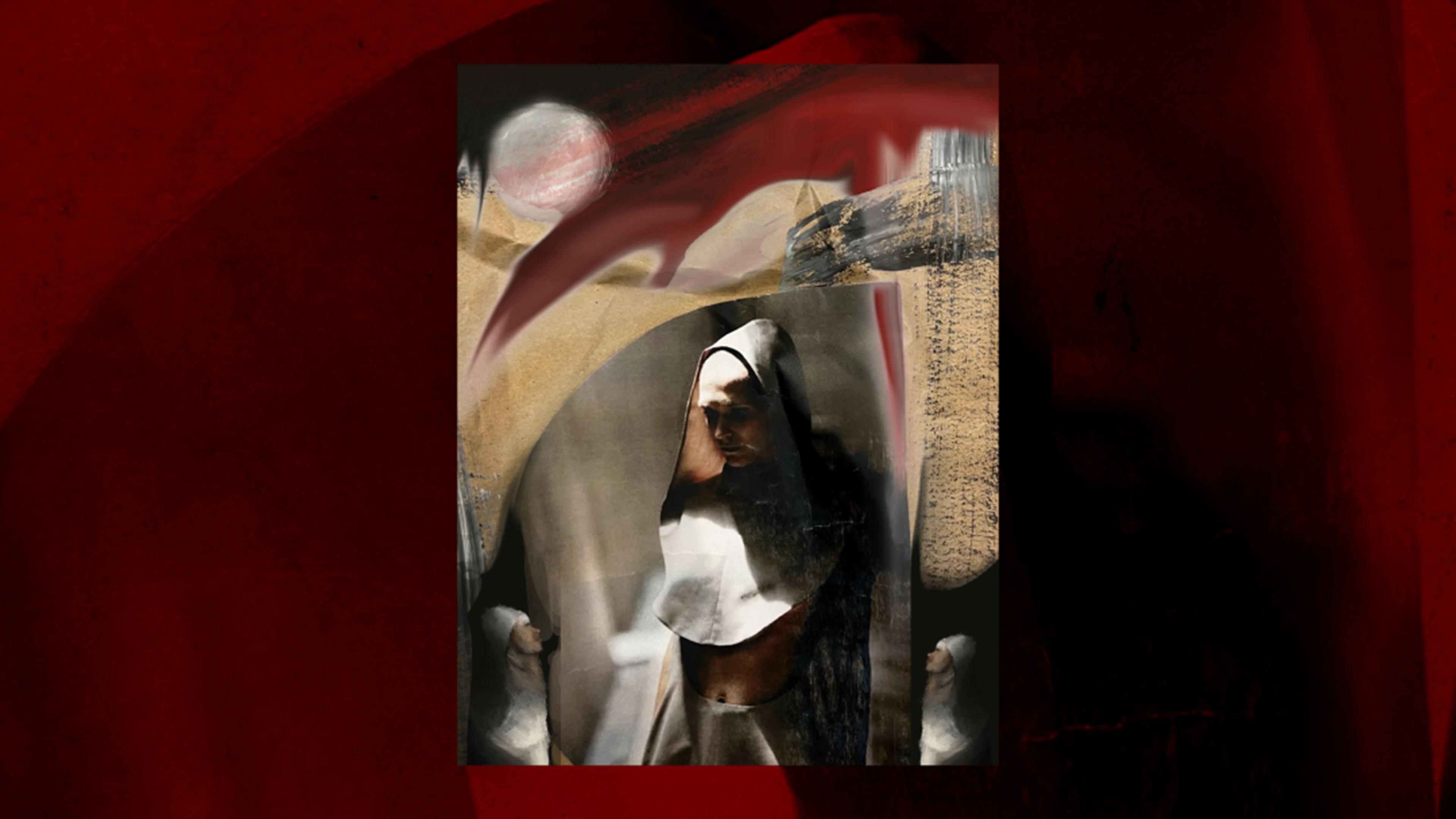 Shadowy image of a nun, wearing a habit with her midriff exposed. Thick paint strokes in yellow and gray frame the figure, and the entire composition is set against a background of deep red.