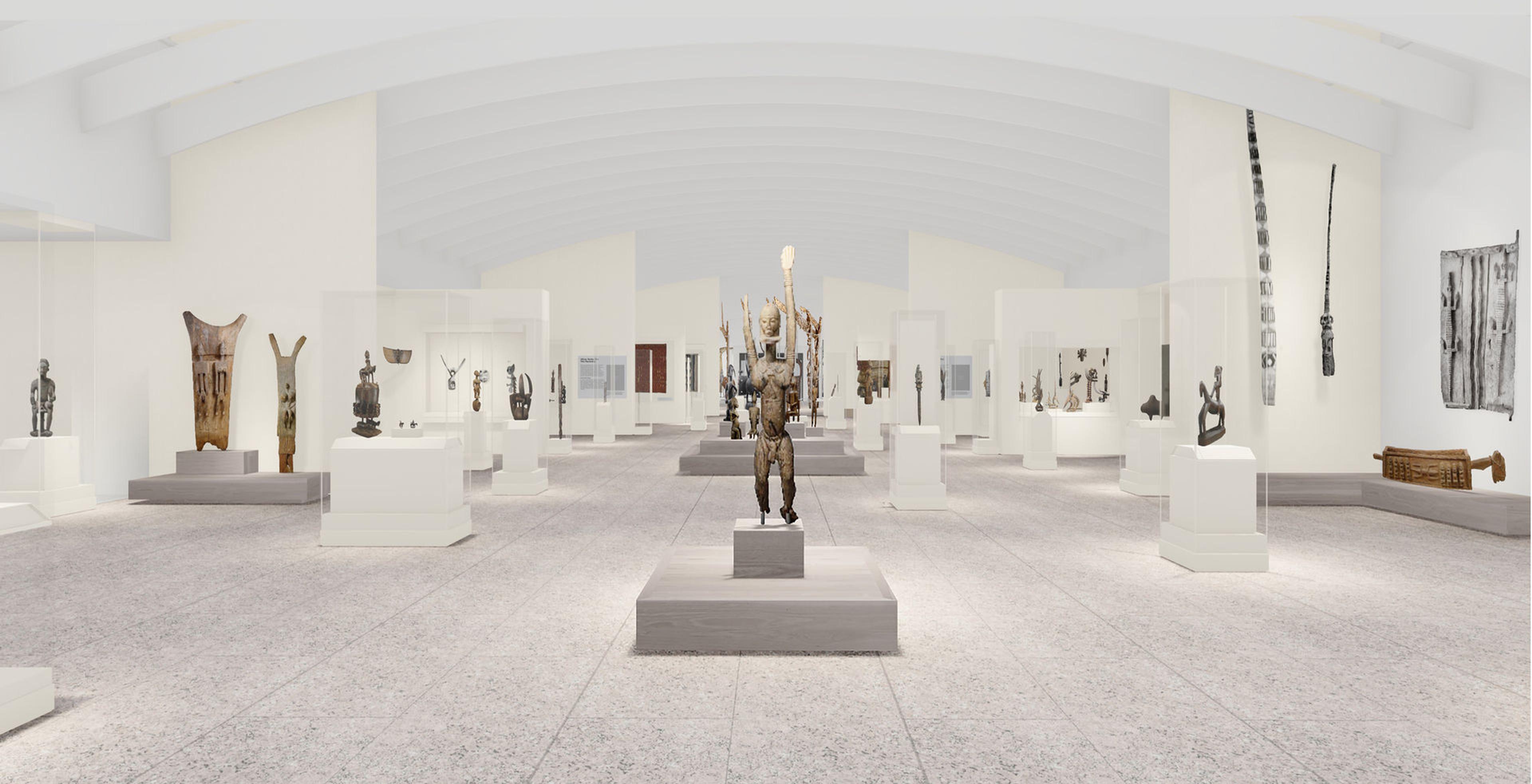 A rendering of a spacious, brightly-lit gallery displaying African art.