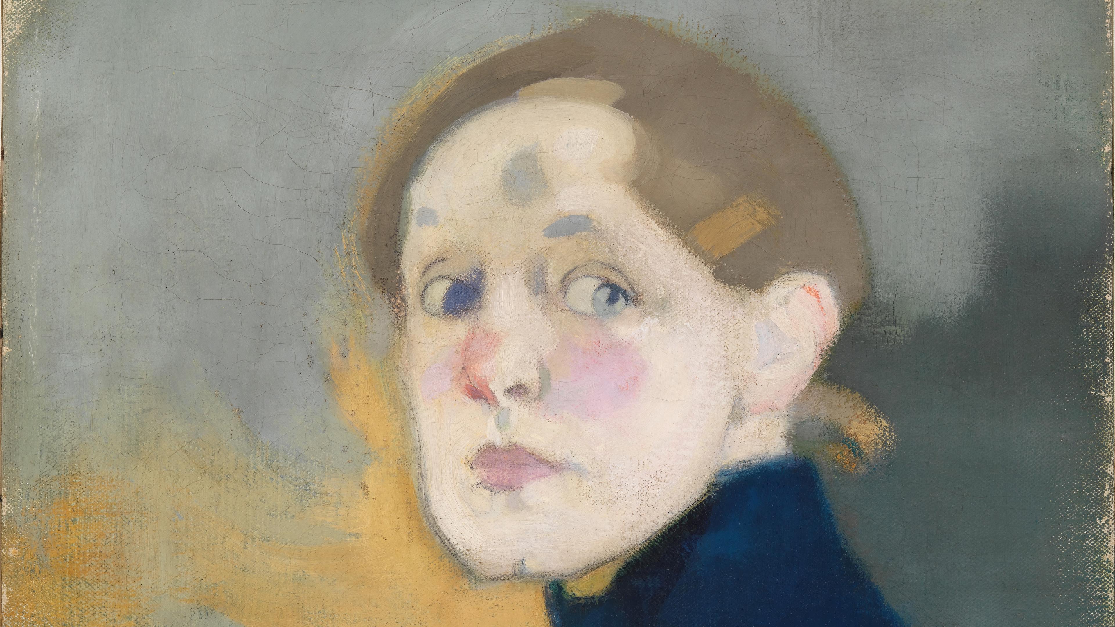 A painting of a woman looking over her left shoulder with expressive eyes