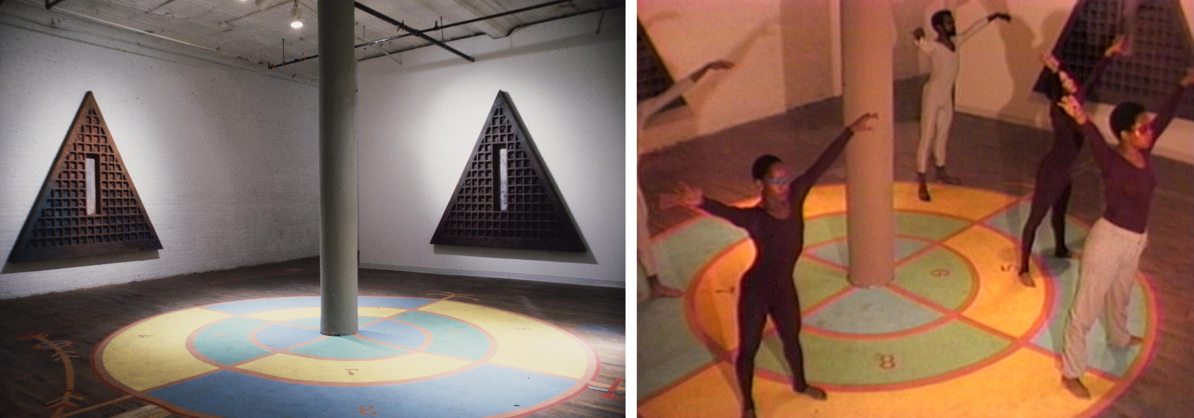 Composite image: On the left a black and white image of triangles on the wall. On the right, you see individuals dancing on a structured circle.