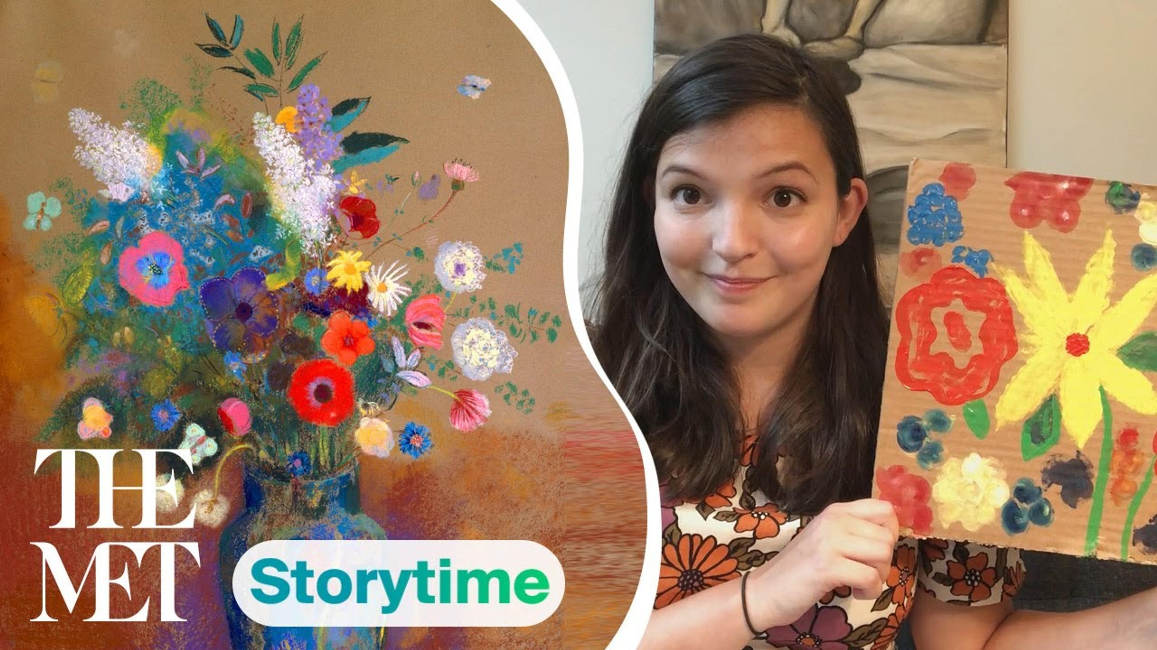 A split-screen featuring a young woman holding up a piece of cardboard with flowers painted on it and a floral still life. 