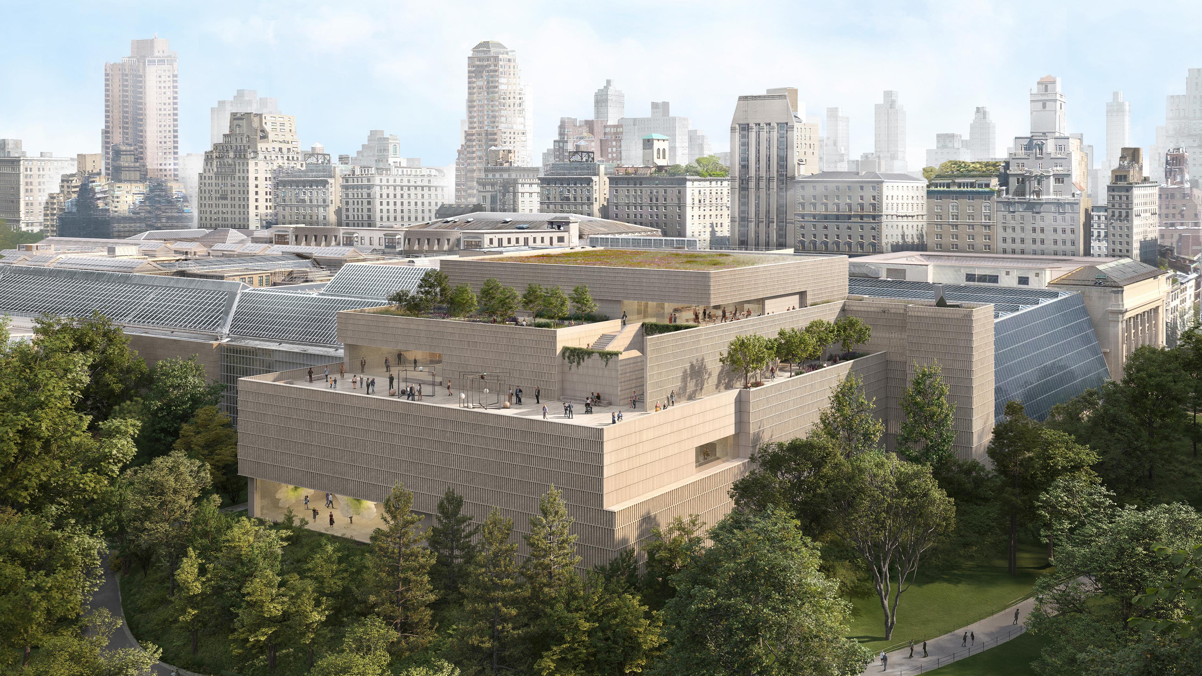 Exterior rendering of The Met's new Tang Wing from the Museum's southwest corner. The addition features large windows, and exterior patio, and landscaping.