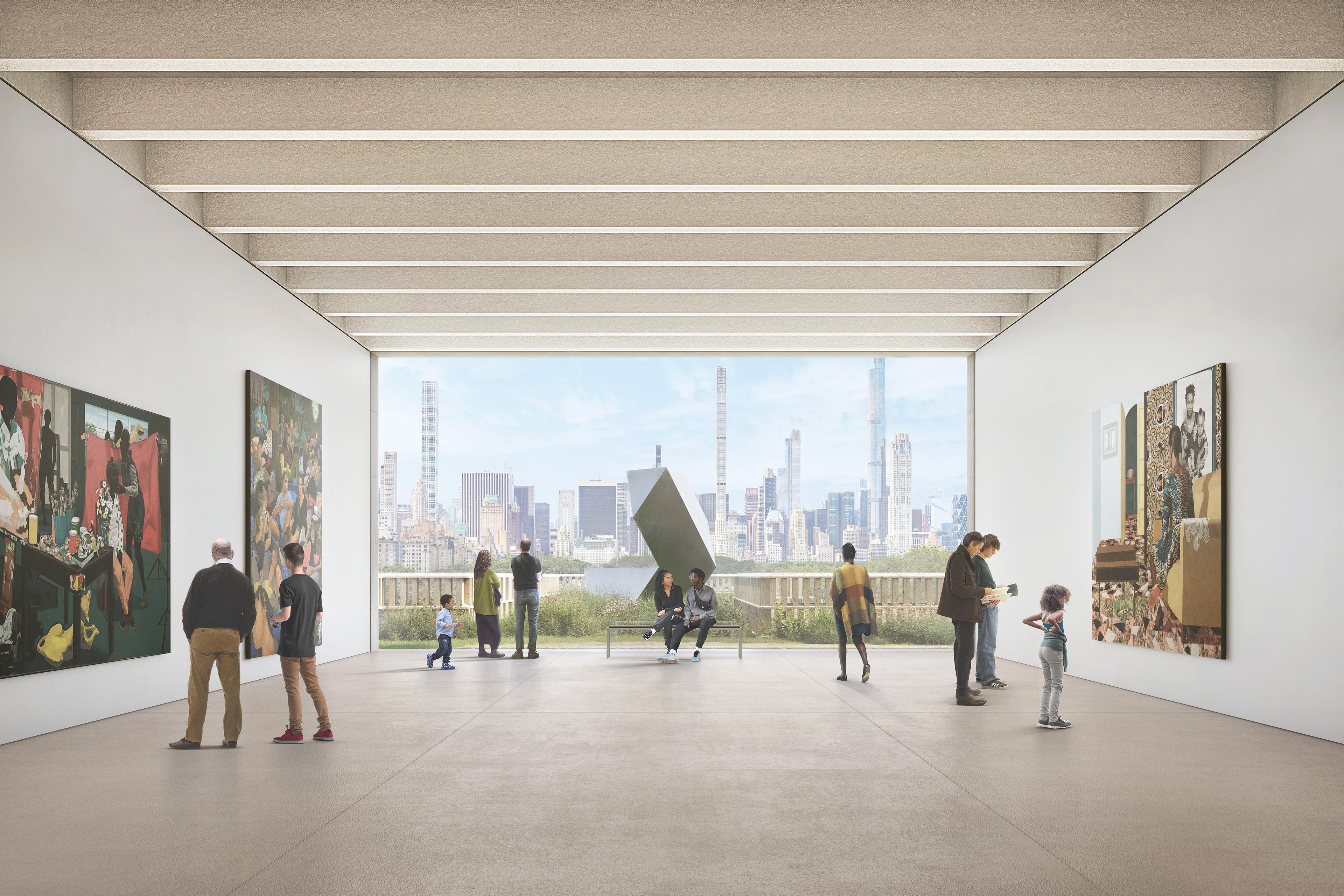 An interior rendering of The Met's new Tang Wing. Gallery walls display large-scale paintings on either side, while the background window shows a glass wall with a view of the skyscrapers along Central Park south.