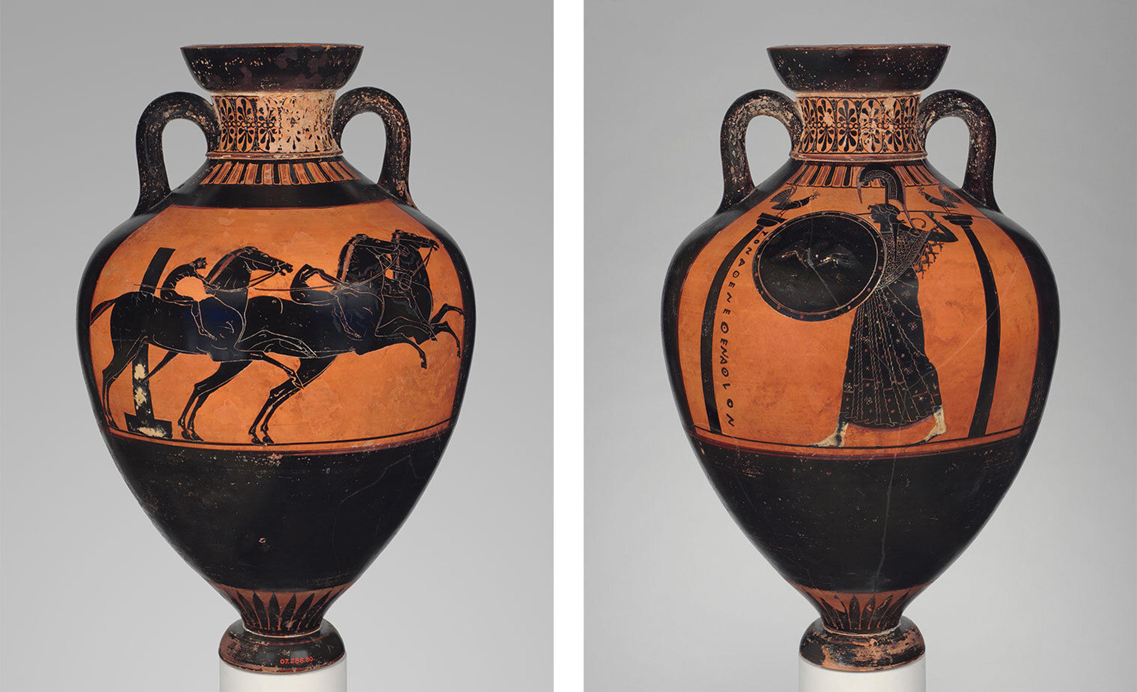 A terracotta vase depicting a chariot race on one side and the goddess Athena on the other