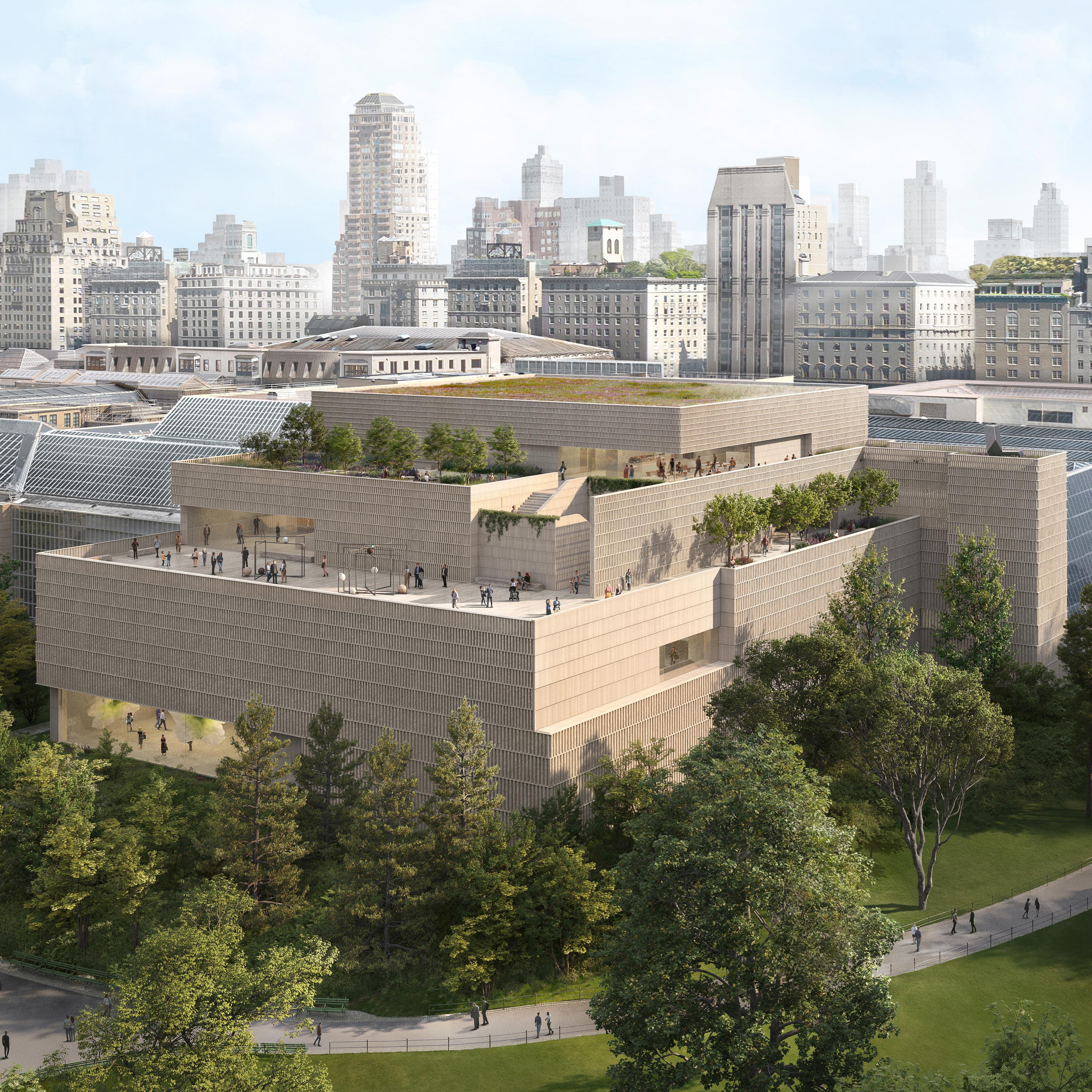 Exterior rendering of The Met's new Tang Wing from the Museum's southwest corner. The addition features large windows, and exterior patio, and landscaping.