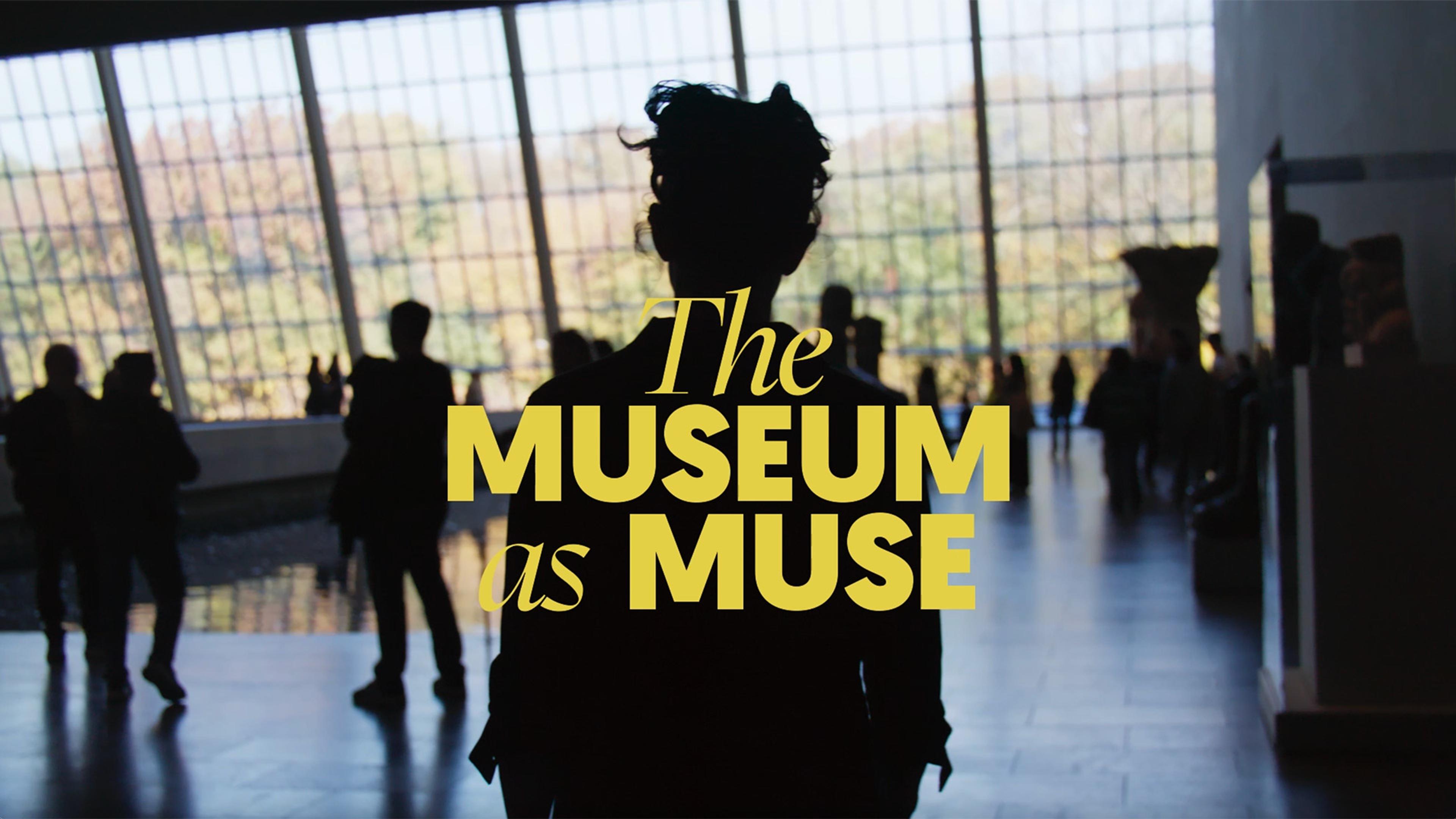 A shadowed figure faces the glass wall of the Temple of Dendur room. The text "The Museum as Muse" is superimposed on the image in a yellow font.