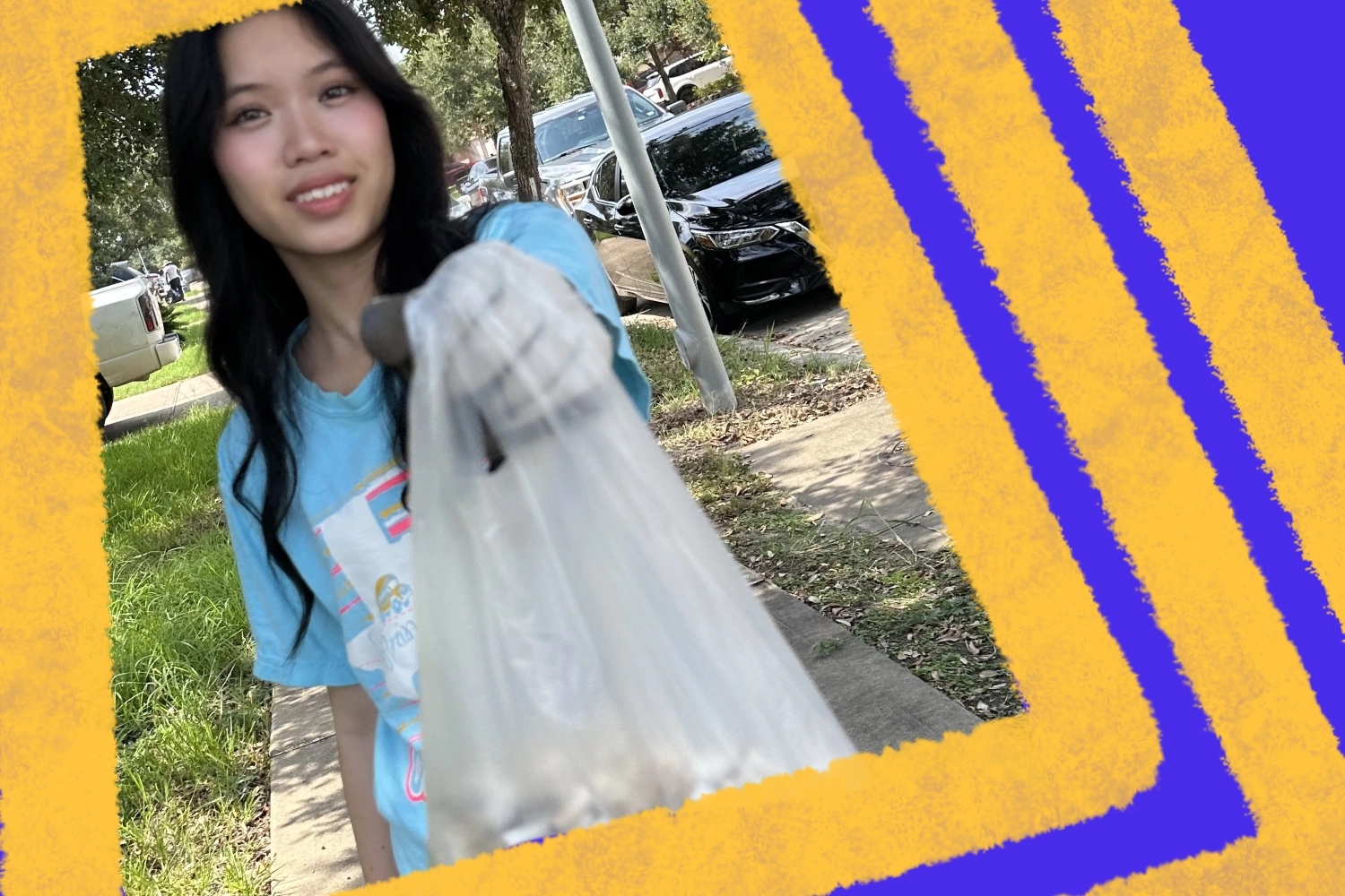 A smiling individual in a light blue t-shirt holds out a plastic bag filled with collected trash, showcasing community involvement in litter cleanup efforts. This image highlights the importance of volunteer opportunities and civic engagement in promoting environmental stewardship.