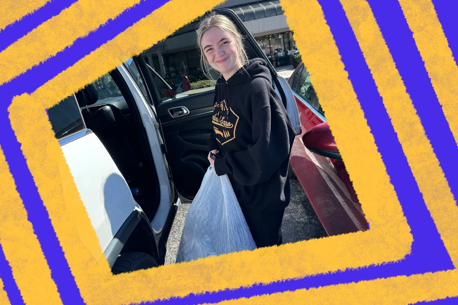A person stands beside a vehicle, smiling and holding a large bag, likely filled with items for recycling or donation. The background features a parking lot and a store front, highlighting the engagement in community service efforts.