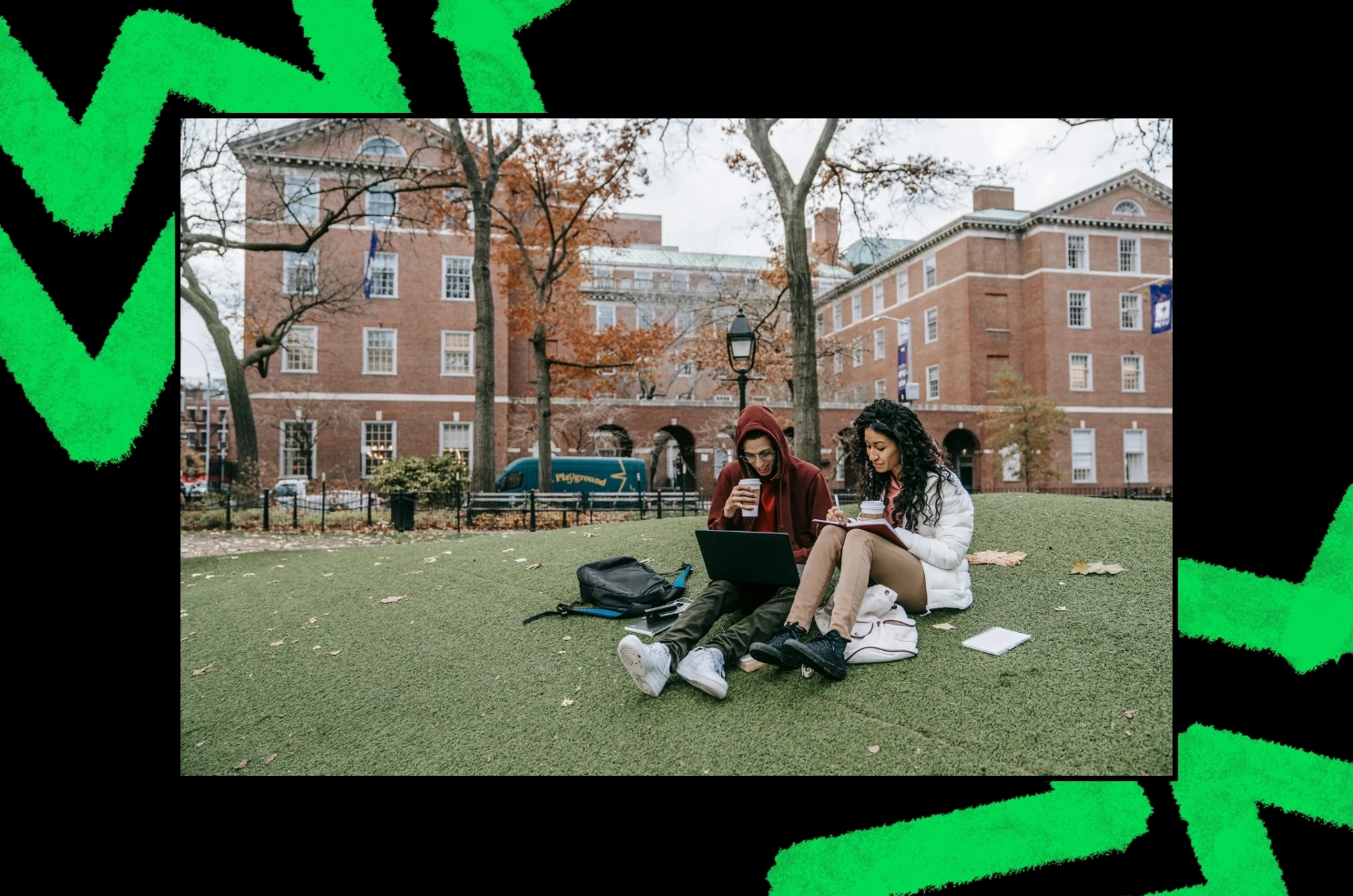 Young people on the lawn of their campus studying together; on a back background with vibrant green elements