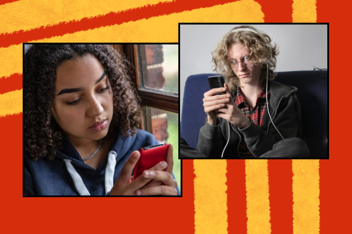 Young people using their smartphones. The image illustrates the blend of technology and daily life, promoting engagement with community service and civic initiatives.