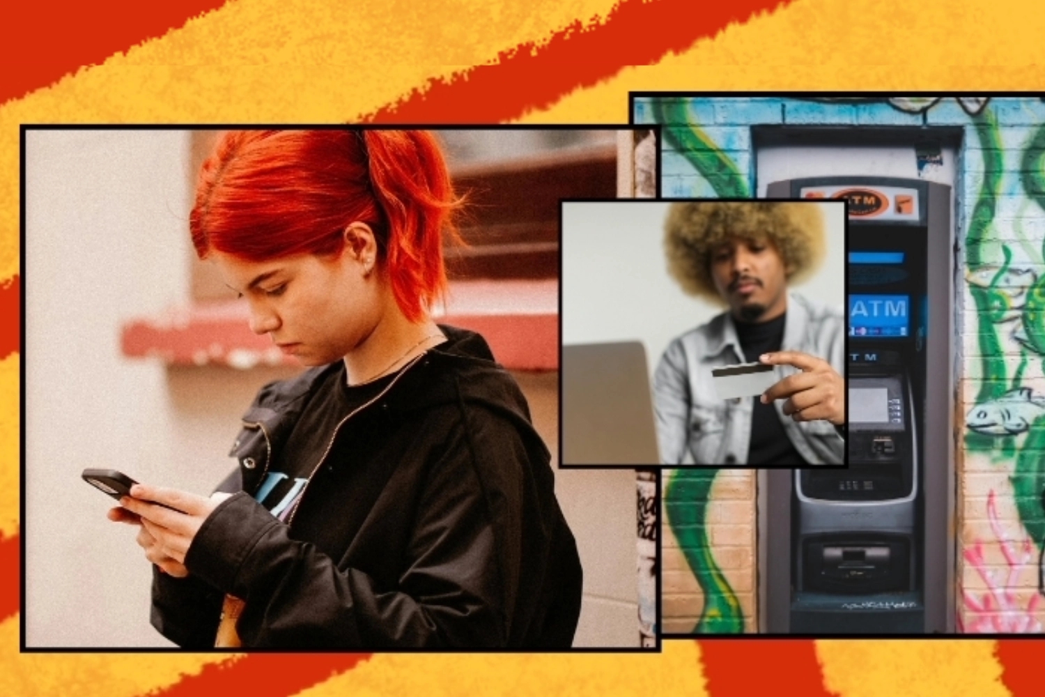 A young person with red hair looks at their phone, focused on a screen, symbolizing engagement with technology and community. In an inset, another individual examines a card near an ATM, representing financial accessibility and civic opportunity.