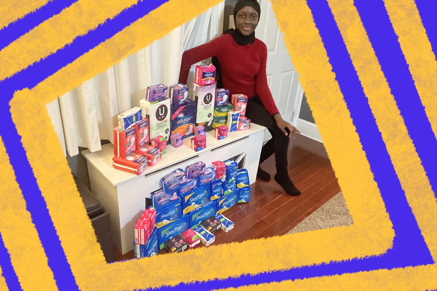 A person sitting beside a display of various feminine hygiene products on a table, highlighting community support initiatives. This image represents the importance of providing essential items for those in need through volunteer opportunities.
