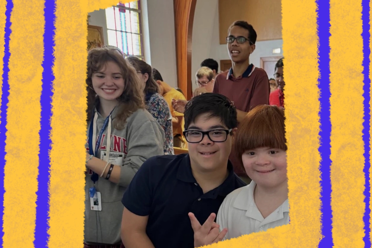 A group of diverse individuals smiles and interacts during a community service event, showcasing engagement and connection. The setting features a welcoming atmosphere with warm colors and supportive energy.