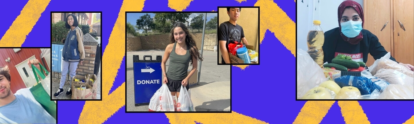 A collage of individuals holding bags of groceries and volunteering at donation sites, promoting community service and civic engagement. Each person is actively participating in efforts to support their community through food donations and volunteer opportunities.